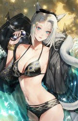 Rule 34 | 1girl, animal ears, bare shoulders, black jacket, blue eyes, bracelet, breasts, cat ears, cat girl, cat tail, cleavage, closed mouth, dappled sunlight, duan henglong, unworn eyewear, final fantasy, final fantasy xiv, grey hair, highres, holding, holding removed eyewear, jacket, jewelry, large breasts, long hair, long sleeves, looking at viewer, lying, miqo&#039;te, mole, mole under eye, navel, off shoulder, on ground, on side, open clothes, open jacket, smile, solo, starfish, stomach, sunglasses, sunlight, tail, warrior of light (ff14), water