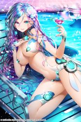 Rule 34 | 1girl, aile (crossroads), bad id, bad twitter id, blue hair, breasts, chair, company name, female focus, flower, glass, green eyes, hair flower, hair ornament, large breasts, long hair, looking at viewer, lounge chair, parted lips, pool, revealing clothes, smile, solo, square enix, watermark