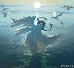 Rule 34 | 1girl, baofandxy, bird, black hair, braid, commentary request, dress, feathered wings, highres, in water, long hair, multiple wings, original, solo, twin braids, wading, white dress, white wings, wings