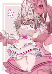 Rule 34 | 1girl, absurdres, ahoge, apron, atare, bandaged arm, bandages, cropped legs, dress, drooling, eyes visible through hair, fangs, gloves, hair ornament, hands up, hat, highres, long hair, mole, mole under eye, nijisanji, nurse cap, open mouth, pink eyes, saliva, silver hair, solo, sukoya kana, twintails, virtual youtuber, white apron, white dress, white gloves, wrist cuffs, x hair ornament