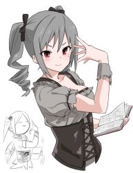 Rule 34 | 1girl, black bow, blush, book, bow, breasts, closed mouth, commentary request, dress, drill hair, grey dress, grey hair, hair bow, hand up, highres, holding, holding book, idolmaster, idolmaster cinderella girls, kanzaki ranko, medium breasts, muchi maro, open book, puffy short sleeves, puffy sleeves, red eyes, short sleeves, simple background, smile, solo, twin drills, underbust, white background