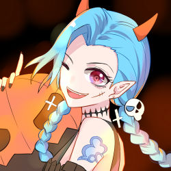 Rule 34 | absurdly long hair, arm tattoo, bare shoulders, blue hair, braid, fang, halloween, horns, jewelry, jinx (league of legends), league of legends, long hair, necklace, one eye closed, pink eyes, pointy ears, pumpkin, skull, tattoo, twin braids, very long hair, wink
