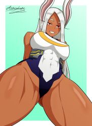 Rule 34 | 1girl, abs, absurdres, animal ears, aqua background, arms behind back, astrolewx, bare shoulders, boku no hero academia, border, breasts, commentary, covered abs, covered navel, crescent print, dark-skinned female, dark skin, english commentary, from below, gluteal fold, highleg, highleg leotard, highres, large breasts, leotard, long eyelashes, long hair, looking at viewer, mirko, parted bangs, rabbit ears, rabbit girl, red eyes, signature, sleeveless turtleneck leotard, smile, solo, taut leotard, thick thighs, thighs, toned, very long hair, white border, white hair, white leotard