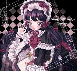 Rule 34 | 1girl, :d, ascot, black hair, bonnet, character name, checkered clothes, commentary request, cowboy shot, dress, flower, frilled dress, frilled sleeves, frills, gaaruru (pripara), gothic lolita, hand up, happy birthday, highres, lolita fashion, long hair, long sleeves, looking at viewer, nail polish, open mouth, pretty series, pripara, red ascot, red flower, red nails, red rose, rose, sidelocks, smile, solo, two-tone dress, wide sleeves, wrist cuffs, yuni (ramm sweet)