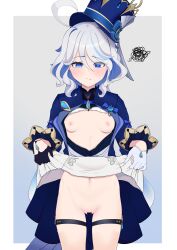 Rule 34 | 0haribo0, 1girl, :/, absurdres, ahoge, bar censor, blue eyes, blue hair, blush, breasts, censored, clothes lift, cowboy shot, dress, dress lift, furina (genshin impact), genshin impact, gloves, half gloves, hat, heterochromia, highres, lifted by self, multicolored hair, navel, nipples, pussy, scribble, small breasts, solo, sweatdrop, thigh strap, top hat, white hair