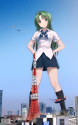 Rule 34 | absurdres, aircraft, airplane, blue skirt, building, city, cityscape, commission, day, destruction, formal, giant, giantess, green eyes, green hair, helicopter, highres, jet, long hair, pixiv commission, skirt, sky, skyscraper, sonozaki shion, suit, tokyo (city), tower, welt (kinsei koutenkyoku), white suit