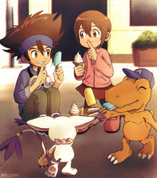 Rule 34 | 1boy, 1girl, agumon, blue hairband, blue headwear, blue jacket, brother and sister, brown eyes, brown hair, brown pants, cat, cat tail, child, colored skin, digimon, digimon (creature), digimon adventure, food, goggles, goggles around neck, grin, hair between eyes, hairband, happy, ice cream, jacket, knees up, looking at another, miniskirt, orange skin, outdoors, pants, pink jacket, pu lyong, red skirt, sharp teeth, siblings, skirt, smile, tail, tailmon, teeth, yagami hikari, yagami taichi
