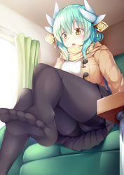 Rule 34 | 1girl, ass, blush, chair, coat, commentary, curtains, dragon horns, duffel coat, fate/grand order, fate (series), feet, from below, green hair, hair between eyes, hair ornament, highres, horns, indoors, kiyohime (fate), long hair, looking down, open clothes, open coat, open mouth, panties, panties under pantyhose, pantyhose, ribbed sweater, scarf, sidelocks, soles, sweater, underwear, yellow eyes, yuki kawachi