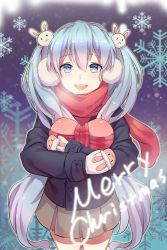 Rule 34 | 1girl, :d, absurdres, blue eyes, blue hair, breath, rabbit hair ornament, coat, earmuffs, english text, fur trim, gift, hair ornament, hatsune miku, highres, long hair, long sleeves, looking at viewer, matching hair/eyes, merry christmas, mittens, hugging object, open mouth, pleated skirt, revision, scarf, skirt, smile, snowflakes, solo, thigh gap, thighhighs, twintails, very long hair, vocaloid, xiao chichi, zettai ryouiki