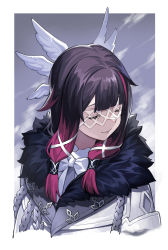 Rule 34 | 1girl, absurdres, black hair, closed eyes, closed mouth, cloud, coat, columbina (genshin impact), cropped torso, facing viewer, feathered wings, fur-trimmed coat, fur trim, genshin impact, head wings, highres, long hair, multicolored hair, pink hair, sin (btc86amme), smile, solo, streaked hair, upper body, white coat, white wings, wings
