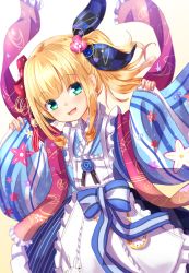 Rule 34 | 1girl, :d, apron, baram, blonde hair, blue kimono, blue skirt, bow, brown background, checkered ribbon, commentary request, floral print, flower, frilled apron, frilled skirt, frills, gradient background, green eyes, hair bow, hair flower, hair ornament, hair ribbon, highres, japanese clothes, kimono, long hair, long sleeves, mononobe alice, mononobe alice (new year), nijisanji, open mouth, pinching sleeves, pink flower, red bow, ribbon, ringlets, skirt, sleeves past wrists, smile, solo, striped clothes, striped skirt, vertical-striped clothes, vertical-striped skirt, virtual youtuber, white apron, white background, wide sleeves