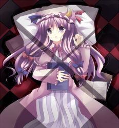 Rule 34 | 1girl, blue bow, book, bow, checkered floor, crescent, dress, female focus, hair bow, hat, long hair, lying, mob cap, multiple hair bows, on back, open book, parted lips, patchouli knowledge, purple dress, purple eyes, purple hair, red bow, red ribbon, ribbon, solo, sunlight, takase kanan, text focus, touhou, very long hair