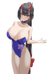 Rule 34 | 1girl, bare arms, bare shoulders, black pantyhose, blue leotard, blush, breasts, broken horn, cleavage, collarbone, fishnet pantyhose, fishnets, horns, jewelry, large breasts, leotard, long hair, looking at viewer, lordol, necklace, oni, oni horns, original, pantyhose, parted lips, ponytail, red eyes, smile, thighs