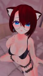 Rule 34 | animal ear fluff, az vrc, bad tag, black lingerie,, blue eyes,, brown hair, cat ears,, earrings, glasses, highres, jewelry, looking at viewer,, thigh strap