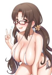 Rule 34 | 1girl, absurdres, bikini, blush, breasts, brown eyes, brown hair, cleavage, flower, glasses, hair flower, hair ornament, hand up, highres, large breasts, long hair, looking at viewer, low twintails, nanaka (princess connect!), nanaka (real) (princess connect!), open mouth, princess connect!, red-framed eyewear, side-tie bikini bottom, simple background, smile, solo, swimsuit, twintails, v, white background, white bikini, yue (show-ei)