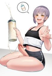Rule 34 | 1boy, absurdres, armpit crease, baby bottle, blush, bottle, collarbone, colored eyelashes, commentary request, covered erect nipples, cropped shirt, cum, cum in container, cum on hands, cum string, dolphin shorts, erection, grey hair, highres, holding, holding bottle, in (ain), korean commentary, large penis, looking at viewer, male focus, midriff, navel, open mouth, original, pectoral cleavage, pectorals, penis, purple hair, shorts, simple background, sitting, smile, solo, speech bubble, tank top, teeth, testicles, tongue, trap, uncensored, white background, yellow eyes, yokozuwari