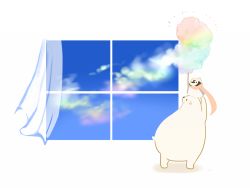 Rule 34 | animal focus, bear, bird, chai (drawingchisanne), chibi, cloud, commentary, cotton candy, curtains, food, hat, holding, holding food, long scarf, no humans, original, penguin, pink scarf, polar bear, rainbow, rainbow gradient, scarf, simple background, sky, standing, white background, window