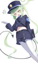 Rule 34 | +++, 1girl, absurdres, belt, black belt, black hat, black jacket, black shorts, black tail, blue archive, blush, buttons, demon tail, double-breasted, fang, gloves, green hair, green halo, halo, hasarang, hat, nozomi (blue archive), highres, jacket, long hair, long sleeves, open mouth, pantyhose, peaked cap, pointy ears, shorts, simple background, skin fang, smile, solo, tail, twintails, white background, white gloves, white pantyhose, yellow eyes