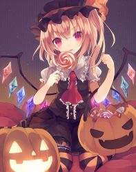 Rule 34 | 1girl, alternate color, ascot, blonde hair, candy, flandre scarlet, food, halloween, hat, jack-o&#039;-lantern, long hair, looking at viewer, pumpkin, red eyes, shugao, side ponytail, solo, striped clothes, striped thighhighs, thighhighs, touhou, wings