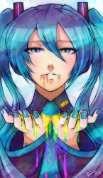 Rule 34 | 1girl, blue eyes, blue hair, blue nails, commentary, cupping hands, green hair, green nails, hatsune miku, highres, khaliqa bell, long hair, matching hair/eyes, nail polish, necktie, own hands together, solo, suggestive fluid, twintails, vocaloid, wide sleeves