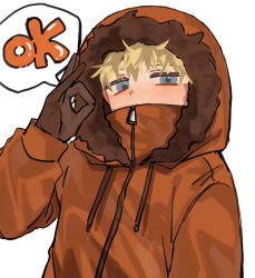 Rule 34 | 1boy, blonde hair, blue eyes, covered mouth, fur-trimmed hood, fur trim, gloves, hand up, high collar, highres, hood, hood up, jacket, kenny mccormick, long sleeves, looking at viewer, male focus, ok sign, ringodaisk, solo, south park, upper body