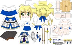 Rule 34 | 1girl, absurdres, ahoge, armor, artist name, artoria pendragon (fate), blonde hair, blue skirt, blush, bokken, boots, bra, breasts, character name, chibi, el joey, excalibur (fate/stay night), fate/stay night, fate (series), faulds, gauntlets, greaves, green eyes, highres, panties, paper cutout, papercraft, saber (fate), side-tie panties, skirt, smile, solo, sword, underwear, watermark, weapon, web address, wooden sword