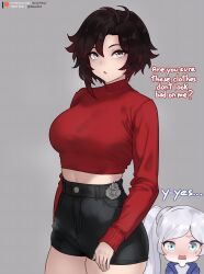 Rule 34 | 2girls, absurdres, alternate breast size, alternate costume, black shorts, bluefield, breasts, casual, chibi, english text, grey background, grey eyes, highres, large breasts, long sleeves, looking at viewer, midriff, multiple girls, parted lips, red shirt, ruby rose, rwby, shirt, short hair, short shorts, shorts, simple background, solo focus, turtleneck, weiss schnee, white hair