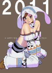 Rule 34 | 10s, 1girl, 2011, adapted costume, bare shoulders, boots, breasts, brown eyes, brown hair, capcom, cleavage, detached collar, elbow gloves, gloves, hat, highres, lagombi (armor), monster hunter (series), monster hunter portable 3rd, peco (pockleberry), sitting, solo, strapless, thigh boots, thighhighs, tube top, v arms, wariza