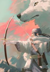 Rule 34 | 1girl, absurdres, ainu, ainu clothes, arrow (projectile), asirpa, bandana, belt, black hair, blue bandana, blue eyes, blue kimono, bow (weapon), cape, cloud, cowboy shot, drawing bow, fur cape, golden kamuy, highres, holding, holding arrow, holding bow (weapon), holding weapon, jacket, japanese clothes, kimono, long hair, long sleeves, looking to the side, mountain, multicolored sky, null (skev7724), profile, retar, shirt, sky, solo focus, very long hair, weapon, white jacket, white shirt, white wolf