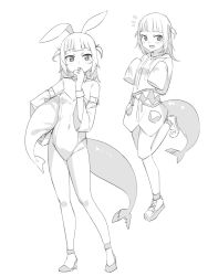 Rule 34 | 1girl, :d, alternate costume, animal ears, bare shoulders, commentary, covered navel, detached sleeves, fins, fish tail, full body, gawr gura, greyscale, hololive, hololive english, leotard, long hair, long sleeves, looking at viewer, monochrome, multiple views, open mouth, playboy bunny, rabbit ears, saiste, shark tail, sleeves past fingers, sleeves past wrists, smile, standing, standing on one leg, tail, two side up, virtual youtuber