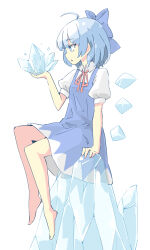 Rule 34 | 1girl, ahoge, arnest, barefoot, blue bow, blue dress, blue eyes, blue hair, bow, cirno, collared shirt, detached wings, dress, fairy, full body, hair bow, highres, ice, ice wings, parted lips, pinafore dress, red ribbon, ribbon, shirt, short hair, short sleeves, simple background, sleeveless dress, solo, touhou, white background, white shirt, wings