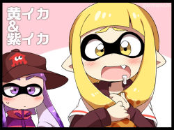 Rule 34 | 2girls, artist name, black border, blonde hair, blunt bangs, border, brown headwear, closed mouth, drooling, eromame, fang, female focus, half-closed eyes, hands up, happy, hat, inkling, inkling girl, inkling player character, jacket, japanese text, layered sleeves, long hair, long sleeves, looking at another, looking at viewer, matching hair/eyes, multiple girls, nintendo, open mouth, own hands together, pink background, pointy ears, purple eyes, purple hair, purple jacket, saliva, shirt, short over long sleeves, short sleeves, sidelocks, simple background, smile, splatoon (series), straight-on, suction cups, sweat, tentacle hair, tentacles, translated, twintails, twitter username, two-tone background, upper body, watermark, white shirt, wide-eyed, yellow eyes
