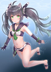 Rule 34 | 1girl, :o, ahoge, air bubble, animal ears, asymmetrical gloves, azur lane, bare legs, bare shoulders, barefoot, black gloves, black hair, black sailor collar, bubble, caustics, clothes writing, cocoasabure, collar, fake animal ears, fins, freediving, gloves, green eyes, green neckerchief, hair ornament, head fins, highleg, highres, i-58 (azur lane), long hair, looking at viewer, navel, neckerchief, parted lips, sailor collar, solo, stomach, thighs, twintails, underwater, uneven gloves, very long hair, water