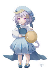 Rule 34 | 1girl, absurdres, bear minstrel, blue footwear, blue hat, blue skirt, braid, bubble skirt, genshin impact, gong, hair ornament, hat, highres, holding, holding instrument, instrument, long braid, long hair, long sleeves, looking at viewer, open mouth, puffy long sleeves, puffy sleeves, purple eyes, purple hair, qiqi (genshin impact), shirt, shoes, simple background, single braid, skirt, solo, white background, white shirt