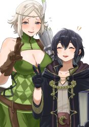 Rule 34 | 1girl, 2girls, absurdres, ahoge, alternate hair color, bare shoulders, black hair, blue eyes, blush, book, breasts, circlet, cleavage, closed eyes, collarbone, commission, feathers, fire emblem, fire emblem awakening, flying sweatdrops, gloves, highres, holding, holding book, hood, large breasts, long sleeves, morgan (female) (fire emblem), morgan (fire emblem), multiple girls, nintendo, noire (fire emblem), open mouth, pickel (ddtt8858), short hair, siblings, simple background, sisters, skeb commission, sleeveless, smile, v, white background