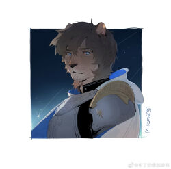 Rule 34 | 1boy, adventurer (ff14), animal ears, armor, blue eyes, brown hair, cape, character request, check character, chinese commentary, earrings, expressionless, facial hair, final fantasy, final fantasy xiv, furrification, furry, furry male, goatee, hair between eyes, highres, jewelry, lion boy, lion ears, looking at viewer, male focus, mbdtz, shooting star, short hair, solo, stubble, thick eyebrows, upper body, warrior of light (ff14), weibo logo, weibo watermark