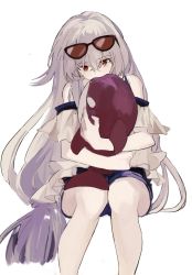 Rule 34 | 1girl, arknights, bare shoulders, blue shorts, covered mouth, hugging doll, eyewear on head, feet out of frame, grey hair, highres, invisible chair, looking at viewer, marumarukin, hugging object, red eyes, shorts, simple background, sitting, skadi (arknights), skadi (waverider) (arknights), solo, stuffed whale, sunglasses, white background