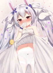 Rule 34 | 1girl, animal, animal ears, azur lane, bare shoulders, bird, blush, bow, bow panties, breasts, chick, clothes lift, collarbone, commentary request, covering own mouth, dress, dress lift, flower, gloves, gluteal fold, hair between eyes, hair flower, hair ornament, hair ribbon, highres, irokari, jewelry, laffey (azur lane), laffey (white rabbit&#039;s oath) (azur lane), lifted by self, long hair, manjuu (azur lane), navel, nose blush, panties, panties under pantyhose, pantyhose, petals, purple flower, rabbit ears, red eyes, revision, ribbon, ring, silver hair, small breasts, solo, thighband pantyhose, twintails, underwear, very long hair, wedding band, wedding dress, white dress, white gloves, white panties, white pantyhose, white ribbon