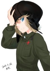Rule 34 | 10s, 1girl, 2016, adjusting clothes, adjusting headwear, artist name, blonde hair, blue eyes, dated, from side, girls und panzer, hat, helmet, hitsuki (akifumi), hitsuki aki (forked road), katyusha (girls und panzer), long sleeves, looking at viewer, short hair, short jumpsuit, signature, solo, tank helmet, upper body, white background