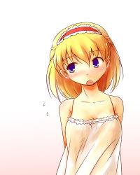Rule 34 | 1girl, alice margatroid, arms behind back, bare shoulders, blonde hair, blue eyes, blush, breasts, camisole, cleavage, futatsuki hisame, hairband, short hair, solo, sweatdrop, tank top, touhou