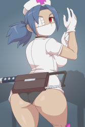 Rule 34 | 1girl, artist request, ass, black panties, blue background, blue hair, bonesaw, breasts, choker, cowboy shot, eyepatch, from behind, glove pull, gloves, hat, looking back, mask, mouth mask, nurse cap, panties, pouch, red eyes, saw, sideboob, skullgirls, solo, surgical mask, underwear, valentine (skullgirls)