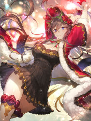 Rule 34 | 1girl, absurdres, blush, breasts, brown hair, cleavage, commentary request, dress, flower, fur trim, gloves, granblue fantasy, hair flower, hair ornament, highres, kakage, looking at viewer, purple eyes, ribbon, robe, rosetta (granblue fantasy), rosetta (holiday) (granblue fantasy), smile, snow, solo, thighhighs