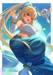 Rule 34 | android 21, blonde hair, blue pants, border, cosplay, dark-skinned female, dark skin, detached sleeves, dragon ball, dragon ball fighterz, elf, elfriend (shiranui flare), feet out of frame, from below, harem pants, high ponytail, highres, hololive, long hair, looking at viewer, majin android 21, majin android 21 (cosplay), midriff, multicolored hair, outside border, pants, pointy ears, sakumichi, shiranui flare, strapless, streaked hair, tube top, very long hair, virtual youtuber, waving, white border, white hair, white sleeves, white tube top