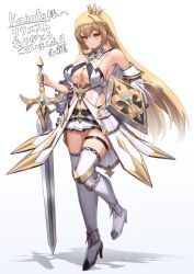 Rule 34 | 1girl, armor, armored boots, armored dress, blonde hair, boots, breast cutout, breasts, commission, crown, detached sleeves, eiryu33, full body, gold trim, hand on own hip, highres, holding, holding sword, holding weapon, long hair, medium breasts, mini crown, miniskirt, original, pleated skirt, shield, skeb commission, skirt, sword, thighs, very long hair, weapon, white background, yellow eyes
