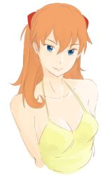 Rule 34 | 1girl, bare shoulders, blue eyes, breasts, cleavage, closed mouth, collarbone, dress, hachimitsuboi, interface headset, long hair, looking at viewer, medium breasts, neon genesis evangelion, orange hair, simple background, sketch, sleeveless, sleeveless dress, smile, solo, souryuu asuka langley, spaghetti strap, sundress, tsurime, upper body, white background, yellow dress