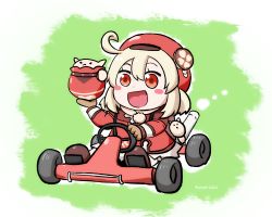 Rule 34 | :d, ahoge, backpack, bag, blonde hair, bloomers, blush stickers, brown footwear, brown gloves, brown scarf, cabbie hat, chibi, clover print, coat, commentary, dodoco (genshin impact), english commentary, genshin impact, gloves, go-kart, hat, highres, holding, jumpy dumpty, keita naruzawa, klee (genshin impact), long hair, low twintails, mario (series), mario kart, nintendo, open mouth, randoseru, red coat, red eyes, scarf, sidelocks, simple background, smile, solo, twintails, two-tone background, underwear