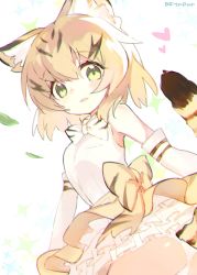 Rule 34 | 10s, 1girl, :d, alternate eye color, animal ears, armpits, artist name, ass, atsumi jun, bare shoulders, blonde hair, blouse, blush, bow, bowtie, breast pocket, cat ears, cat girl, cat tail, chromatic aberration, commentary, cowboy shot, dot nose, elbow gloves, frilled skirt, frills, from below, from side, gloves, green eyes, hair between eyes, heart, kemono friends, leaf, light smile, looking at viewer, looking down, multicolored hair, open mouth, panties, pantyshot, pocket, sand cat (kemono friends), shirt, short hair, skirt, sleeveless, sleeveless shirt, smile, solo, sparkle, standing, streaked hair, striped tail, tail, tareme, teeth, twisted torso, underwear, white background, white panties, white shirt, wind