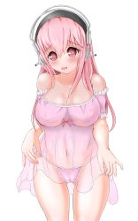 Rule 34 | 1girl, arykei, bare shoulders, blush, breasts, cleavage, covered erect nipples, embarrassed, female focus, hair between eyes, head tilt, headphones, highres, large breasts, lingerie, long hair, looking at viewer, navel, negligee, nipples, nitroplus, open mouth, pink eyes, pink hair, see-through, solo, standing, super sonico, thighs, underwear, underwear only, wavy mouth, wet, wet clothes