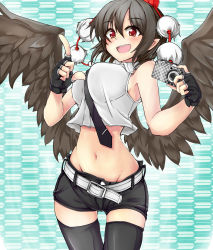 Rule 34 | 1girl, adapted costume, belt, black hair, black thighhighs, black wings, blush, bouncing breasts, breasts, camera, female focus, fingerless gloves, gloves, groin, hat, highres, ku-ba, large breasts, looking at viewer, midriff, navel, necktie, open mouth, pointy ears, red eyes, shameimaru aya, short hair, shorts, smile, solo, thigh gap, thighhighs, tokin hat, touhou, wings, yagasuri