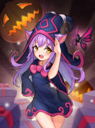 Rule 34 | 1girl, :d, absurdres, alternate costume, alternate skin color, animal ears, black hat, cat ears, dduck kong, fairy, gift, hand on own hip, hat, highres, jack-o&#039;-lantern, league of legends, lee-seok ho, long hair, looking at viewer, lulu (league of legends), open mouth, pix (league of legends), purple hair, signature, smile, solo, standing, wicked lulu, wide sleeves, yellow eyes, yordle